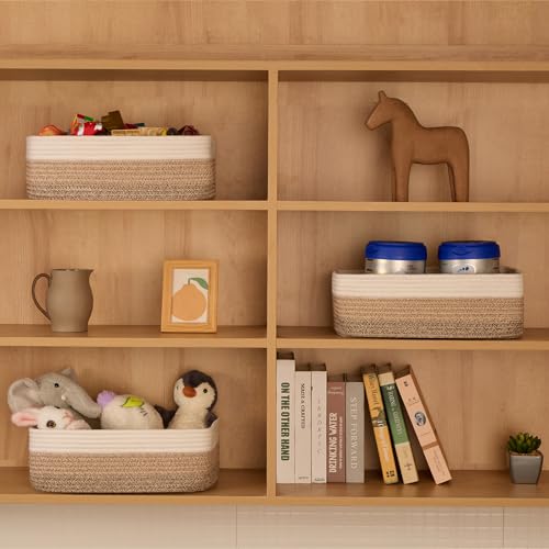 MiniArk Large Shallow Organizing Baskets 15x11x5.1 Inches - Rope Woven Storage Bins for Bathroom, Shelves, Cube Closet, Gradient Brown 3 Packs - color: Gradient Brown, size: 3pcs-L15×W11×H5.1"