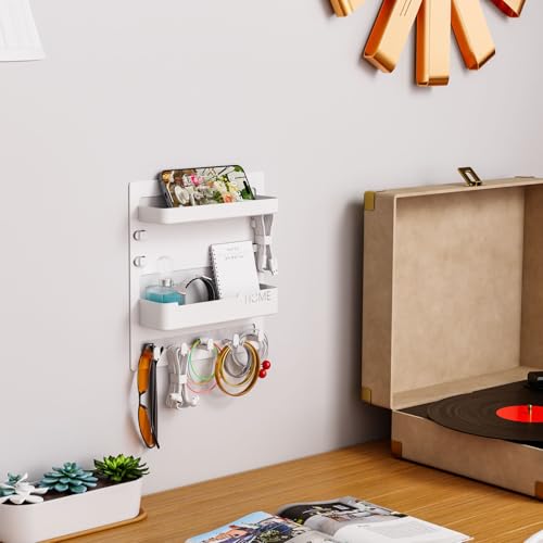 SUOXING Bedside Wall Organizer for Bedroom,Rv,Small Rooms,Nightstand and Bedside Wall Shelf for Earphone,Glasses,Remote Control,Phone Charging Shelf,Dorm Decor for College Girls and Teen Girl,White - color: White
