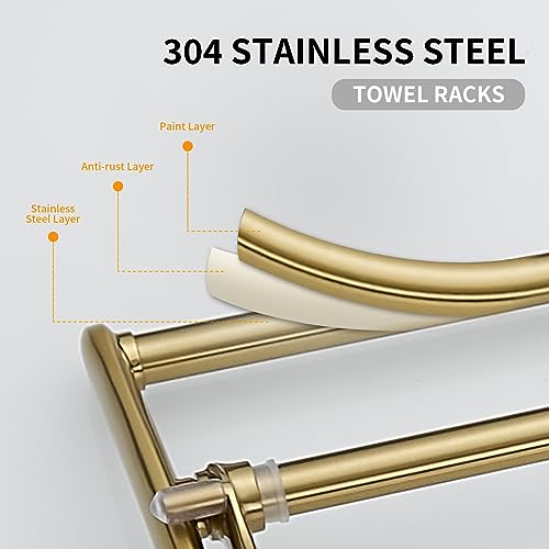 BESy 24 Inch Brushed Gold Towel Racks, Bathroom Towel Shelf with Foldable Towel Bar Holder and Towel Hooks, Wall Mounted Multifunctional Bathroom Accessories, Double Towel Bars - color: Brushed Gold