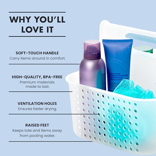 madesmart Large Portable Shower Caddy, Hold Soap, Shampoo, Hair Supplies and Beauty Products, Cleaning Supplies Organizer for Home, Dorm, Plastic Shower Tote, Soft Handle, Blue - color: Blue, size: Large