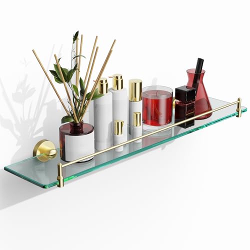 24 Inch Glass Bathroom Shelves,Brushed Gold Floating Shelves for Wall Rectangular Modern Stainless Steel Glass Shelf for Bathroom Shelves Wall Mounted - color: Brushed Gold, size: 24"with railing