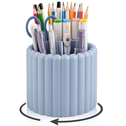 Anyoifax 360° Rotating Pen Holder 7 Slots Desk Organizer Removable Pencil Cup Plastic Art Supplies and Accessories Desktop Storage Box Caddy for Office, School, Home (Blue) - style: Stripe Blue