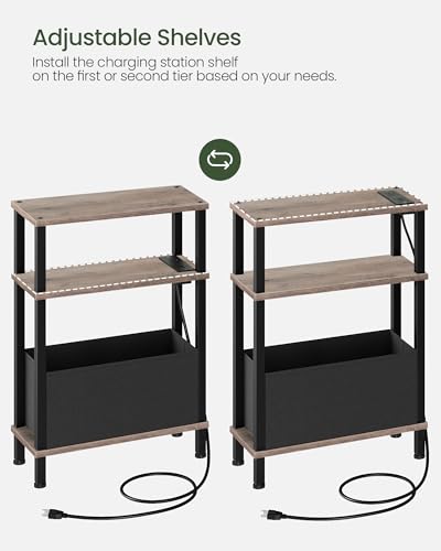 CHOEZON Small Narrow Side Table with Charging Station, Skinny End Table with Fabric Basket, Slim Nightstand for Small Spaces, Sofa Side Table, for Living Room, Bedroom, Greige and Black TBZ07UFH - color: Greige + Black
