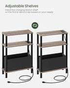 CHOEZON Small Narrow Side Table with Charging Station, Skinny End Table with Fabric Basket, Slim Nightstand for Small Spaces, Sofa Side Table, for Living Room, Bedroom, Greige and Black TBZ07UFH - color: Greige + Black