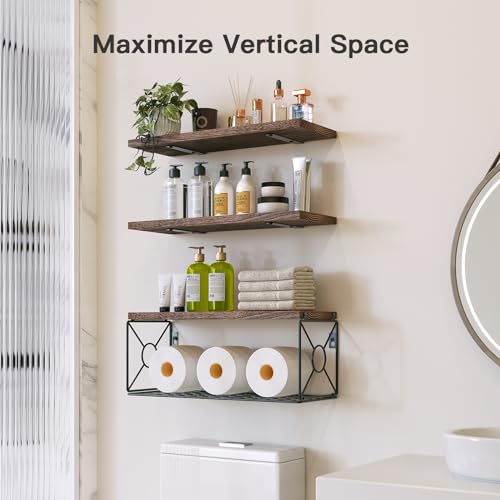 Amada Bathroom Shelves Over Toilet with Storage Basket, Floating Wall Shelf for Home Organization & Wall Decor, Bathroom/Kitchen/Living Room Shelves–Rustic Brown - color: Dark Carbonized Brown