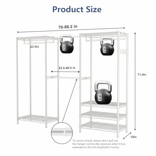 Heavy Duty Closet Garment Rack, 6 Tiers Adjustable Metal Freestanding Expandable Clothing Storage with 4 Hanger Rods, Easy to Assemble Wardrobe, 71.4" H x (70" - 88.2") L x 14" D, White - color: White