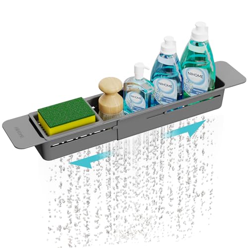 NiHome Extendable Sink Kitchen Organizer, Extra Long Telescopic Brush Storage Rack for Sponge, Non-Slip Pads Expandable Sink Caddy, Adjustable Brush Rack with Drainage Durable ABS (Dark Gray) - color: Dark Gray, size: Extra Long