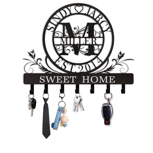 Dyoart Personalized Key Holder for Wall, Custom Family Name Metal Wall Key Hanger, Key Hooks with Monogram Design, Key Rack Holder Wall Mount for Living Room Bedroom, Anniversary Couple Gift - color: 04 Monogram