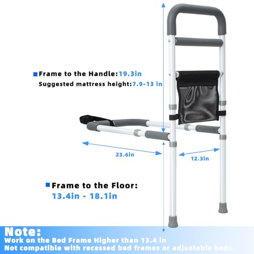 Bed Rails for Elderly Adults Safety - Adjustable Bed Assist Rail for Seniors Fall Prevention with Support Leg, Bedside Grab Bar Cane with Storage Pocket, Fits King, Queen, Full, Twin Bed