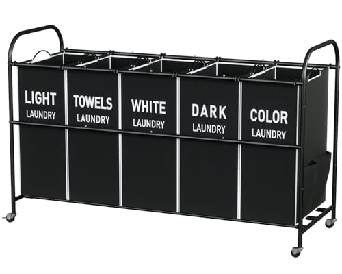 5-Section Laundry Sorter Cart, Large Laundry Hamper with Lockable Rolling Wheels, Versatile Storage Organizer with Removable Bags for Dirty Clothes, Black - color: Black