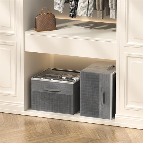 Aokeyee Shoe Organizer for Closet,2 Pack Foldable Shoe Storage Organizer Box Bin with Adjustable Dividers and Clear Cover, Fits up to 16-32 Pairs - color: Grey, size: 2 PCS