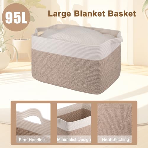OIAHOMY Extra Large Blanket Basket, 95L Cotton Rope Woven Laundry Basket, Toy Bin for Baby Room, Container for Blanket Storage in Living Room, 24''×17''×14'', Brown & White - color: Brown & White, size: 95L