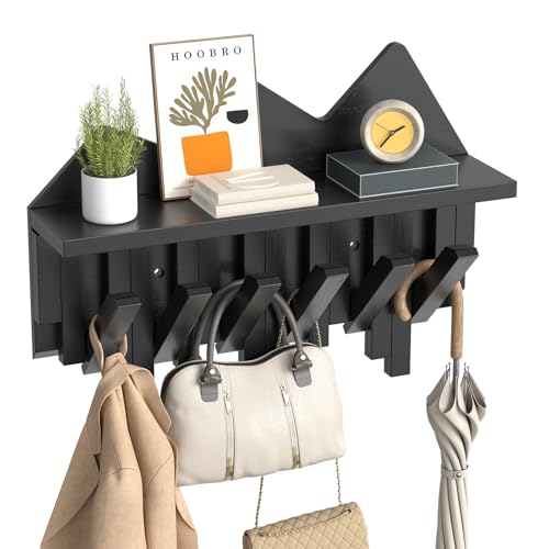 HOOBRO Wall Hooks with Shelf, Coat Rack with Shelf Wall-Mounted, Entryway Wall Key Holder, Hat Rack for Walls, Purse Hanger for Wall, Entryway Hanging Shelf with 6 Retractable Pegs, Black BK46YM01 - color: Black