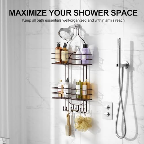 SRIWATANA Shower Caddy Organizer Hanging Over Head, Bathroom Shower Rack Hanger with Hooks for Razors - Bronze - color: Bronze