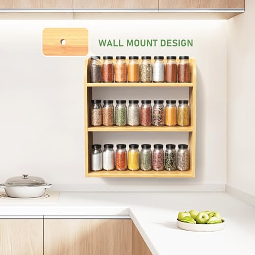 ROMGUAR CRAFT 3 Tier Bamboo Spice Rack, Countertop or Wall Mounting Wood Spice Jars Organizer Shelf for Kitche, Pantry (Natural) - color: Natural, size: 3 Tier