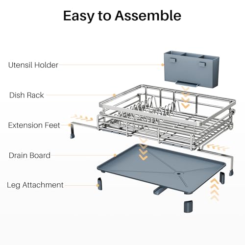 SNTD Dish Drying Rack - Extendable Dish Rack, Large Sink Drying Dish Drainer for Kitchen Counter, Stainless Steel Dish Strainer with Utensil Holder (Silver) - color: Silver