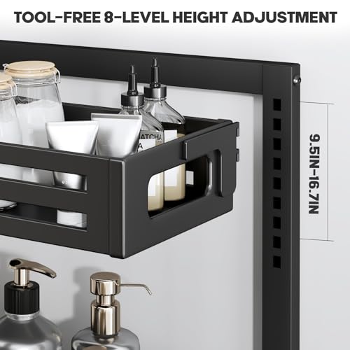 1 Pack Under Sink Organizer,Pull Out Cabinet Organizer with Smooth Cylindrical Rail,Metal Slide Out Drawer for Kitchen Bathroom Laundry Cabinet,8-Level Tool Free Height Adjustable-Black - color: Black, size: 1 Pack-15"Dx9.5"-16.7"H