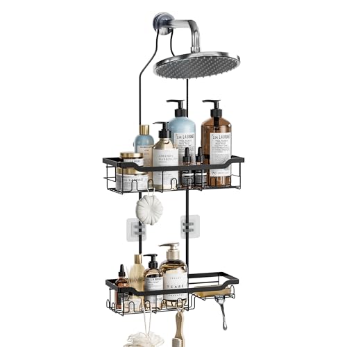 Skyapex Shower Caddy Hanging, Adjustable Height 2-Tier Shower Organizer Over Showerhead, Rust-Resistant Stainless Steel Shower Rack with 15 Hooks, Heavy Duty Anti-Swing Bathroom Storage, Black