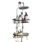 Skyapex Shower Caddy Hanging, Adjustable Height 2-Tier Shower Organizer Over Showerhead, Rust-Resistant Stainless Steel Shower Rack with 15 Hooks, Heavy Duty Anti-Swing Bathroom Storage, Black