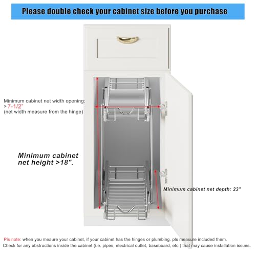 DINDON Pull Out Cabinet Organizer (7-1/2" W x 21-1/2"D), Cabinet Pull Out Shelves, 2 Tier Pull Out Drawers for Kitchen Cabinets, Wire Basket Slide Out Shelf for Cabinet Organization - size: 7-1/2"W X 21-1/2"D