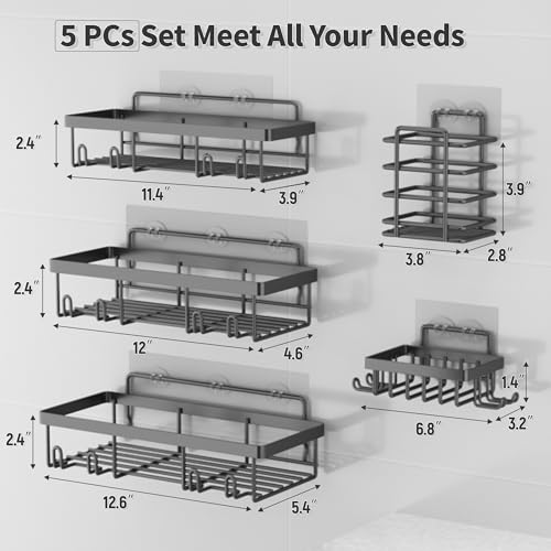 Liuoud 5 Pack Shower Caddy Organizer Rack Shelf for Inside Shower, Self Adhesive Bathroom Wall Storage Basket Rustproof Stainless Steel Large Capacity Shampoo Holder, Dark Grey - color: Dark Grey