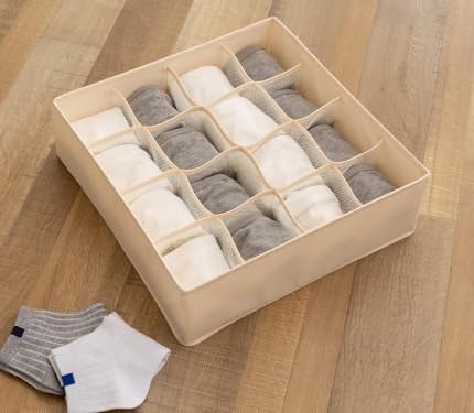Underwear Drawer Organizer Set – Beige Collapsible Storage Boxes with 16 Compartments for Bras, Socks, and Ties – Made of Oxford Fabric with Sturdy Plastic Frame
