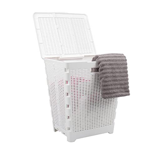 Mind Reader 61L Foldable Laundry Hamper, Clothes Basket, Lid, Wicker Design, Plastic, 18"L x 14.5"W x 21.25"H, White - color: White