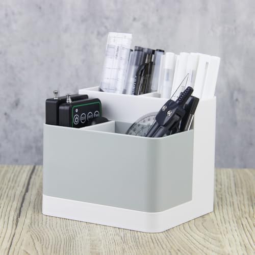Poeland Desktop Storage Organizer, Pen and Pencil Cases Boxes, Pen or Pencil Holder Box Container for Desk, Office Supplies, Vanity Table - color: White+Gray
