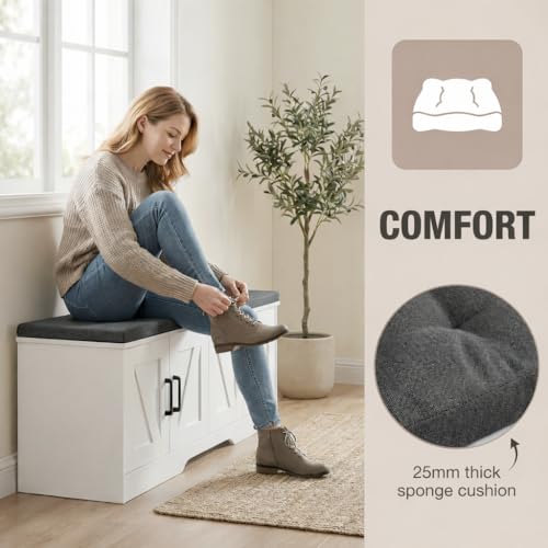 HOMSHO 2-Tier Storage Bench, 47.2" Wide Shoe Bench with Padded Seat Cushion, Entryway Bench with 4 Barn Doors and Adjustable Shelf, White - color: White, size: 47.2" Wide