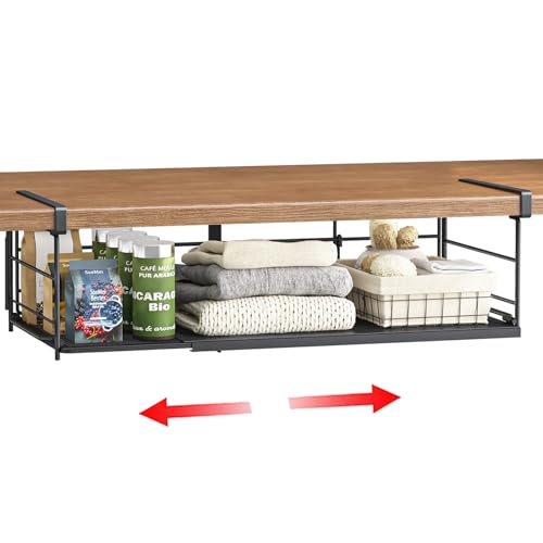Expandable Under Cabinet Shelf, Extendable Under Shelf Storage with Removable Wire-Like Back for Pantry Cabinet, Laundry Room, Shoe Rack. (Black, 1 Pack, Interior: 5" H x 10" D) - color: Black-5"h X 10"d-0.94" Thick Clip, size: 1 Pack