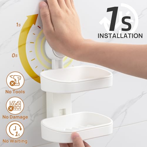 LEVERLOC Soap Dish Holder for Shower, Double Layer Suction Cup Wall Mounte Self Draining Removable Waterproof Strong Suction Bar Soap Holder for Shower, White - style: 2 tiers White