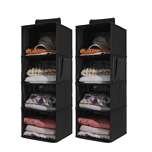 2 Pack Hanging Closet Organizer, 4-Shelf Hanging Shelves with Side Pocket, Black - color: Black, size: 4 Shelves