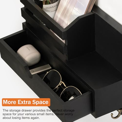 dreampossible Key and Mail Holder for Wall, Mail Organizer Wall Mount with 6 Hooks and Storage Drawer, Wooden Key Rack Hanger with Shelf for Entryway and Home Decor - color: Black, size: Standard(11.6''x7.9'')