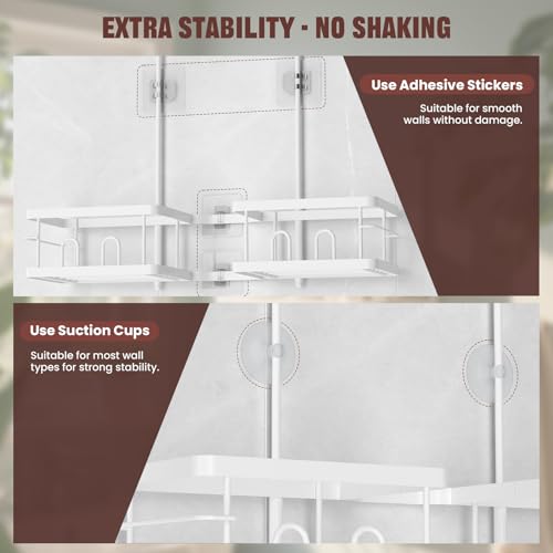 REINHARDT Adjustable Shower Caddy Hanging Rustproof Shower Caddy for Handheld Showerheads, Shower Organizer with Hooks Soap Holder Toothbrush Holder, Anti-Swing Shower Rack Bathroom Accessories, White - color: White