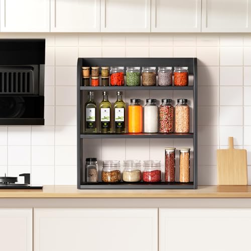 ROMGUAR CRAFT 3 Tier Bamboo Spice Rack, Countertop or Wall Mounting Wood Spice Jars Organizer Shelf for Kitche, Pantry (Black) - color: Black, size: 3 Tier
