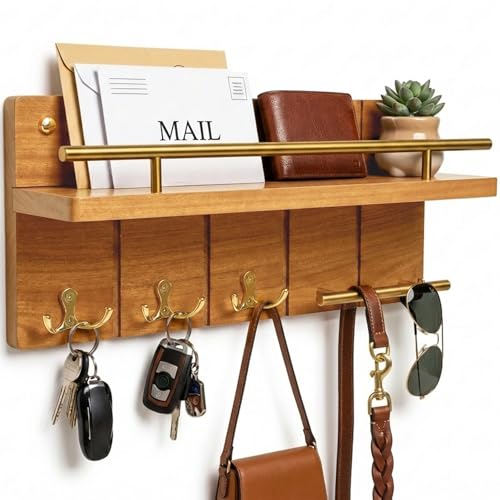15.7" Teak Wood Key Hooks for Wall, Solid Wood Key Holder Wall Mount, Decorative Mail Organizer with Key Rack and Shelf, Rustic Home Decor for Entryway Living Room Bathroom Bedroom (Large Size) - size: 15.7 inch