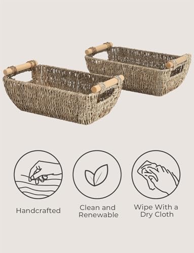 StorageWorks Small Baskets for Shelf, Seagrass Woven Basket with Wooden Handles for Gifts, 2-Pack - color: Natural(Seagrass), size: Small