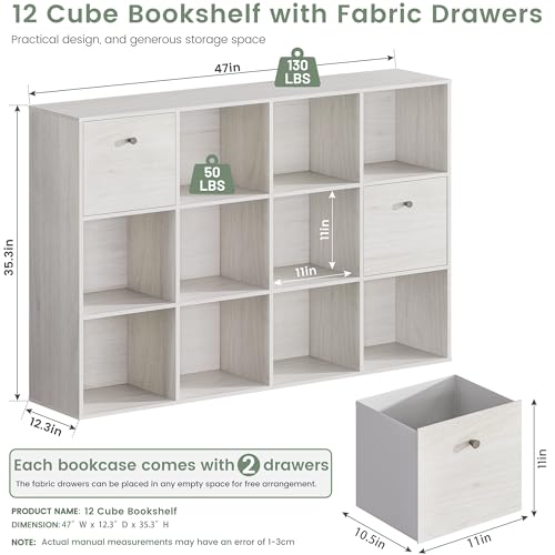 12 Cube Storage Organizer, White Bookshelf with 2 Fabric Drawers, Bookcase with Open Shelf, Cuby Organizer for Bedroom Living Room Library Office, Freestanding Storage Shelf, Cubicle Display Rack - color: Washed White, size: 12 Cube