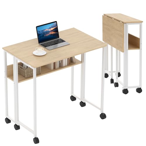GarveeHome Folding Desk Small Rolling Desk with Storage Shelf,31.5 Inch Foldable Computer Table with Wheels,Portable Office Desk for Small Space Sofa Table,Easy to Fold - color: 31.5" Oak