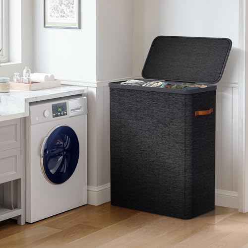 Sorbus Laundry Hamper with Lid - Collapsible 3-Compartment Fabric Laundry Basket with Handles and Removable Laundry Bag – 50 Gallon (190 L) Dirty Clothes Hamper for Bedroom, bathroom and dorm (Black) - color: Black, size: 3 Compartment