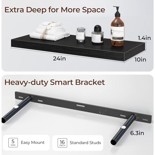 Fun Memories Floating Shelves for Wall 24 Inch Set of 3, Farmhouse Floating Shelves with Invisible Heavy Duty Bracket, 10 Inch Deep Bathroom Shelves for Storage, Living Room, Kitchen, Decor, Black - color: Black, size: 24"W x 10"D - 3P