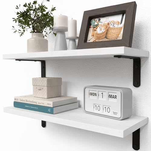 RICHER HOUSE Floating Wall Shelves, Rustic Wood Bathroom Shelves Set of 2, Farmhouse Style Shelf for Décor, Hanging Bedroom, Storage, Kitchen, Living Room - White - color: White, size: 2 Pcs:16.54in