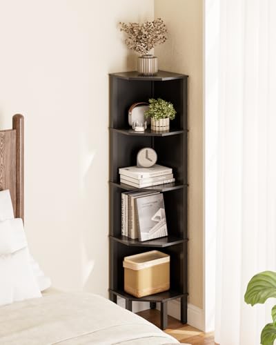 Corner Shelf, 5 Tier Corner Bookshelf, Display Corner Shelf Stand with Storage Rack, Wall Corner Bookshelf for Living Room, Bedroom, Office, Black - color: Black Without Light