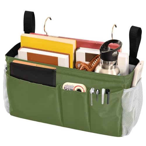 YETTASBIN Olive Green Bedside Caddy Hanging Storage Organizer Bag with 2 Straps & Hooks for Bunk Beds, College Dorm, Hospital Bed - Holder for Books, Phone, Magazine, Glasses, Keys
