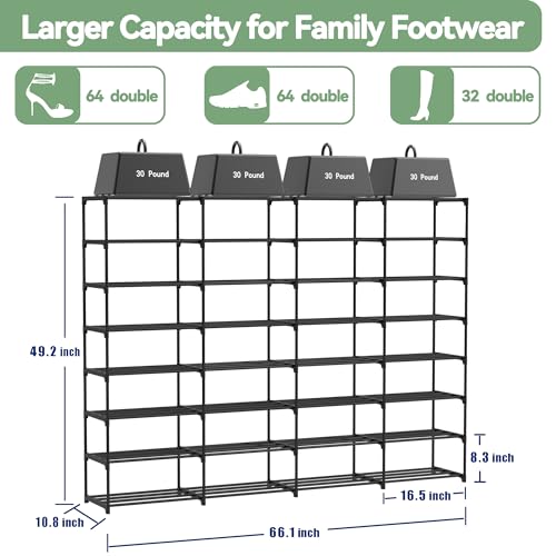 Large Shoe Rack Organizer, 4-Row 8-Tier Tall Shoe Storage Shelf for Closet, Entryway, Garage, Metal Free Standing Shoe Holder for 56-64 Pairs Shoes, Sturdy Stackable Shoe Stand for Bedroom - size: 4 Row 8 Tier