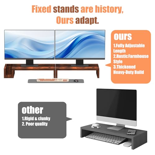 Wood Dual Monitor Stand Riser for Desk, 30" Long Monitor Riser with Pen Holders, Desktop Storage Organizer for 2 Monitors, Computer, Laptop, PC, Printer, TV, Rustic Brown (Dual) - size: Dual