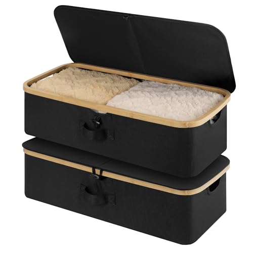 StorageWorks Underbed Storage Containers with Lids, 2-Pack 7" Low Profile Under Bed Storage Box with Bamboo Frame for Clothes, Bedding, Blankets and Shoes, 42L Sturdy Fabric Organizer, Black - color: Black, size: 2