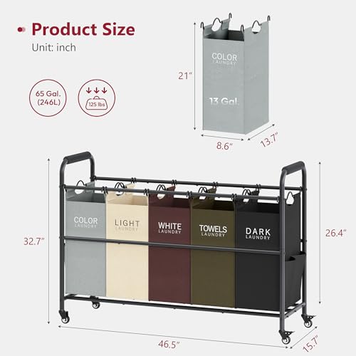Tajsoon 5 Bag Laundry Sorter Cart, Laundry Hamper Sorter Basket with Heavy Duty Lockable Rolling Wheels for Clothes Storage, 5 Colors - color: Assorted