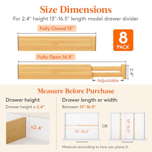 Lifewit 2.4" High 8 Pack Bamboo Drawer Dividers 33-42cm/13-16.5" Adjustable Wooden Drawer Organizer for Clothes/Utensils, Expandable Drawer Separator for Dresser/Kitchen/Bedroom/Office Organization - size: 2.4"H, 13-16.5"L