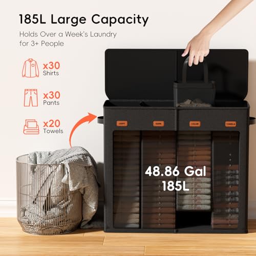 Laundry Hamper 4-Section with Lid, 185L Laundry Sorter with 4 Removable Bags + 1 Extra Large Bag, Switchable 3/4 Compartment, Laundry Basket Organizer for Bedroom, Laundry Room，Black - color: Black, size: 185L - 4 Section